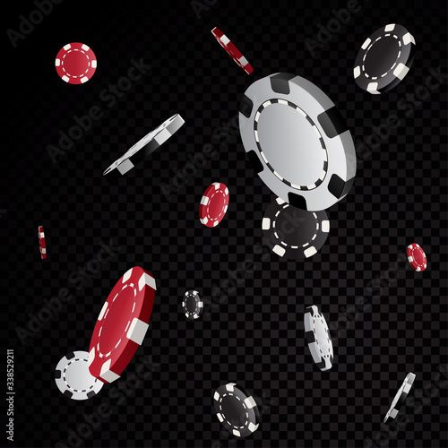 Casino poker chips falling isolated on black transparency background
