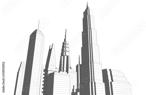 City skyscrapers sketch, architecture 3d