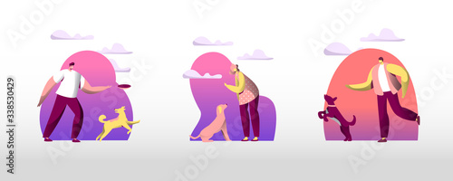 Set of People Spending Time with Pets Outdoors. Male and Female Characters Walking and Training Dogs in Summer Park. Relaxing Leisure, Communication Love, Care of Animals. Cartoon Vector Illustration