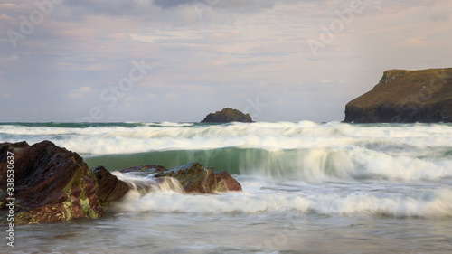 Waves on the beach at Polzeath, Cornwall, England