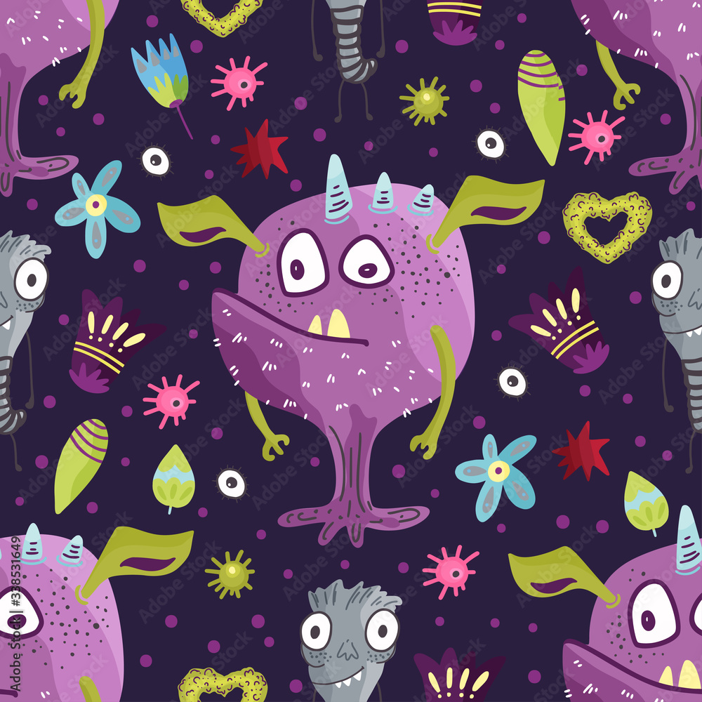 Cute cartoon monster vector seamless pattern in a flat style. Funny kid alien character background. Mutant beast animal comic wallpaper on a dark background.