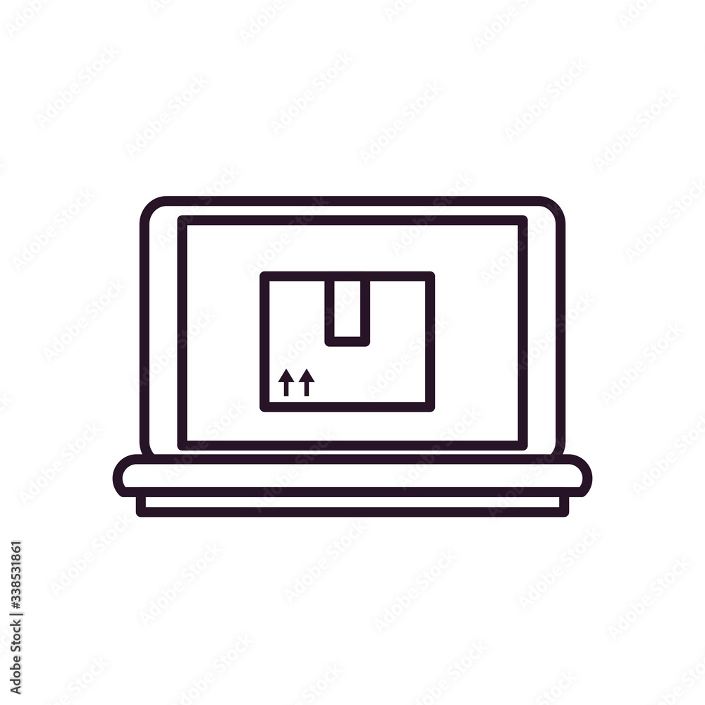 fast delivery concept, tablet with package box icon on screen, line style fast delivery concept, tablet with package box icon on screen, line style