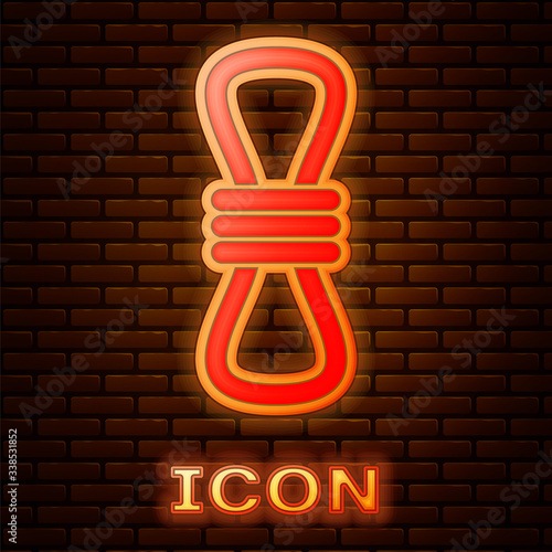 Glowing neon Climber rope icon isolated on brick wall background. Extreme sport. Sport equipment. Vector Illustration