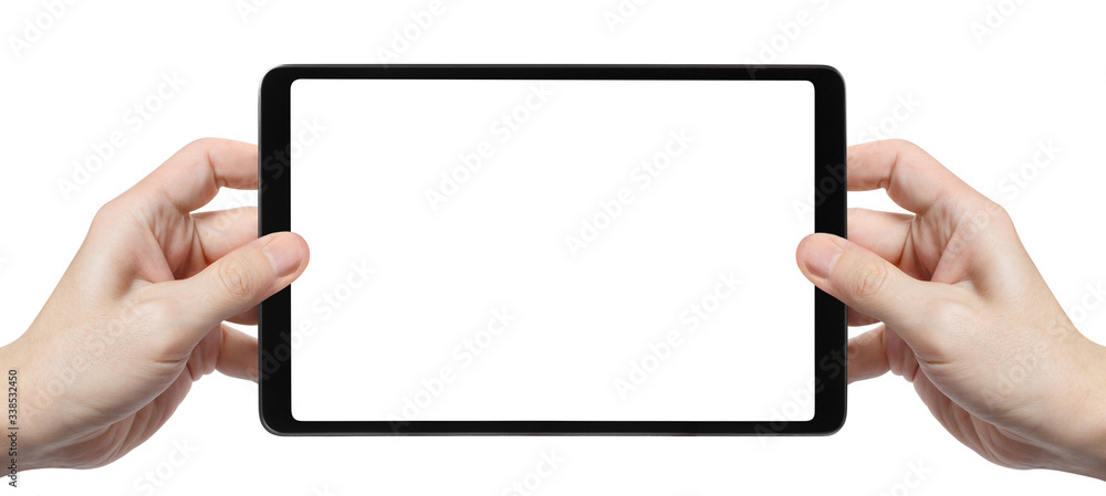 Black tablet in male hands, isolated on white background Black tablet in male hands, isolated on white background