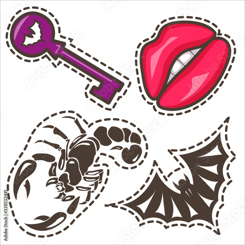 Sticker pack of gothic illustrations - lips, scorpion, key, bat.
