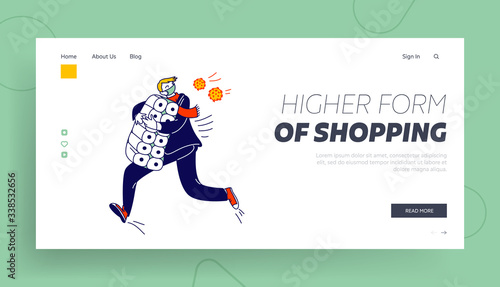 Pandemic Chaos, Global Panic and Worldwide Quarantine Regime Landing Page Template. Male Character in Mask Grab Toilet Paper in Supermarket Running from Covid 19 Cells. Linear Vector Illustration