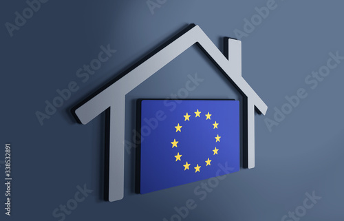 European Union is my home. 3D illustration that represents a house with the flag of the country inside, suggesting the love for the native country.