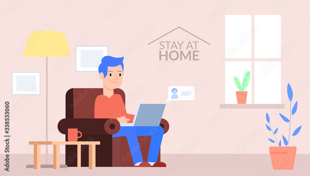 Man sitting on his sofa talking to friends on his computer. Vector illustration Man sitting on his sofa talking to friends on his computer. Vector illustration