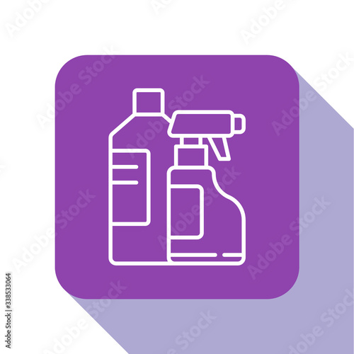 White line Plastic bottles for laundry detergent, bleach, dishwashing liquid or another cleaning agent icon isolated on white background. Purple square button. Vector Illustration