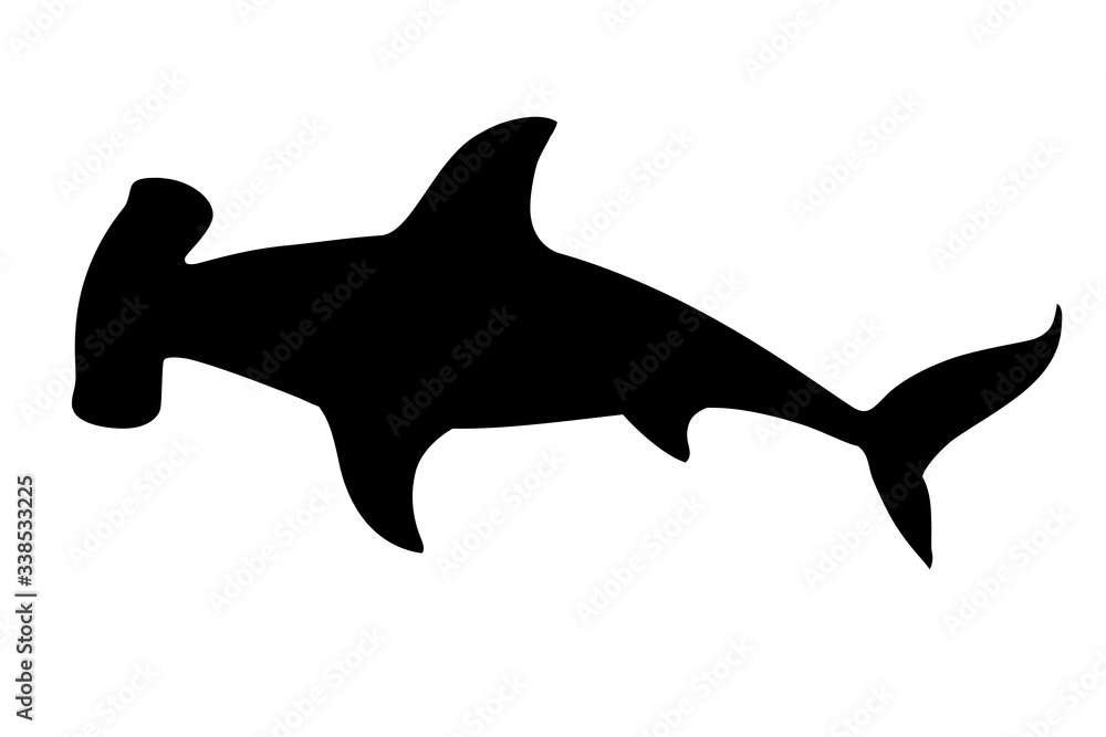 Obraz premium Black silhouette hammerhead shark underwater giant animal simple cartoon character design flat vector illustration isolated on white background