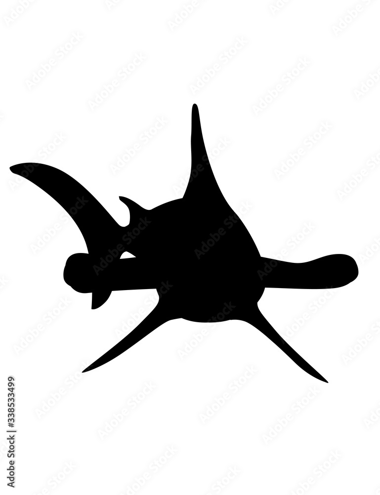 Fototapeta premium Black silhouette hammerhead shark underwater giant animal simple cartoon character design flat vector illustration isolated on white background