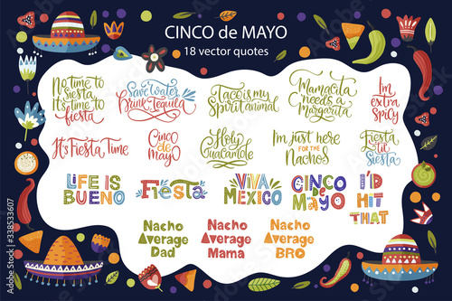 Cinco de Mayo calligraphy vector set. Fiesta typography festive lettering greeting collection. Quote and illustration for card, poster and tshirt print.