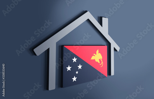 Papua New Guinea is my home. 3D illustration that represents a house with the flag of the country inside, suggesting the love for the native country.