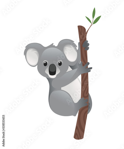 Cute grey koala bear sit on wood branch with green leaves cartoon animal design flat vector illustration isolated on white background
