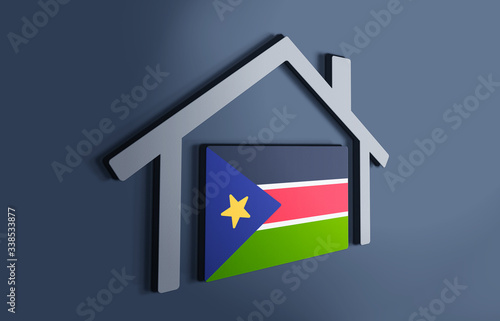 South Sudan is my home. 3D illustration that represents a house with the flag of the country inside, suggesting the love for the native country.
