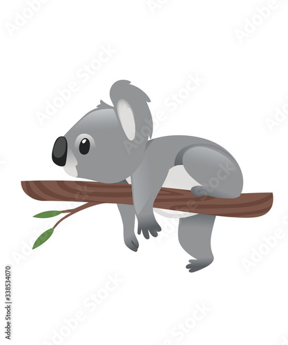 Cute grey koala bear lies resting on a wood branch with green leaves cartoon animal design flat vector illustration isolated on white background