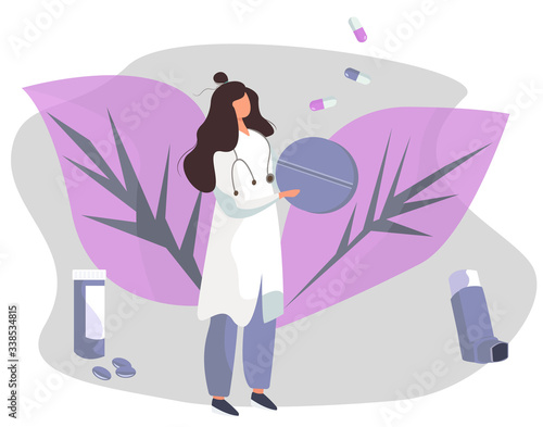 Pulmonology Specialist with Pill check Tuberculosis or Pneumonia Disease. Female Doctor with Stethoscope. Inhaler, Huge lungs and Drugs on background.Flat Vector Illustration