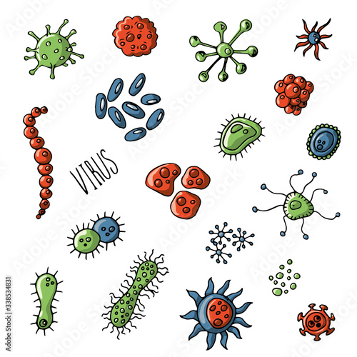set of colored viruses and bacteria on white