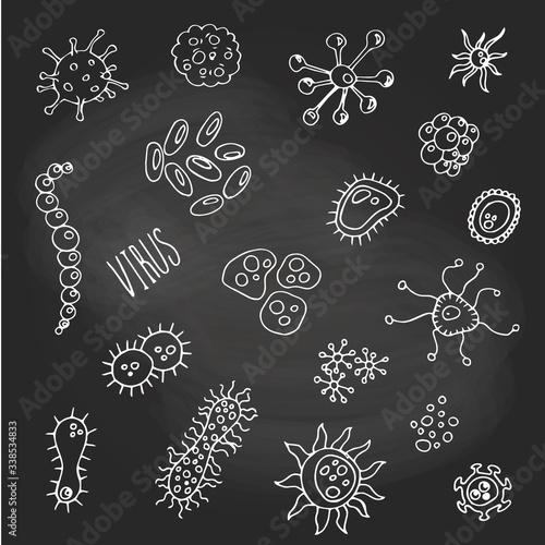 set of viruses and bacteria on black