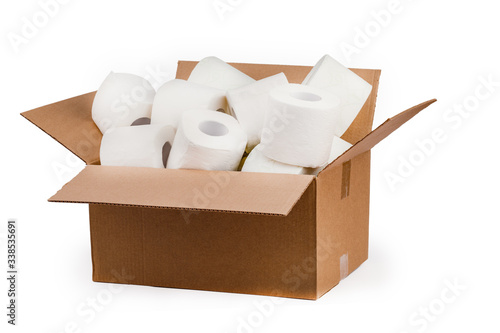 Toilet paper rolls in a cardboard box isolated on a white background