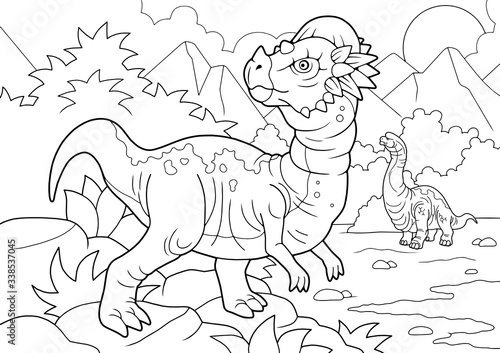 cartoon prehistoric Pachycephalosaurus dinosaur, coloring book, funny illustration