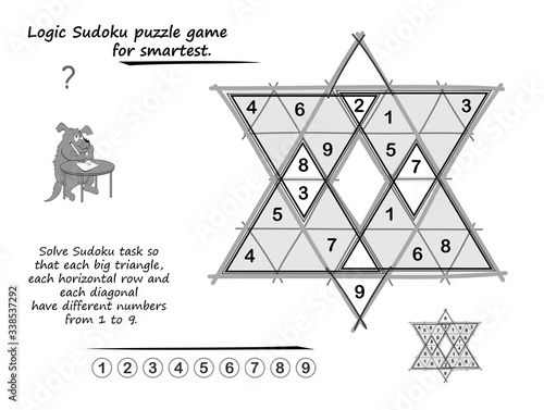 Logic puzzle game for children and adults. Solve Sudoku so that each big triangle, each horizontal row and each diagonal have different numbers from 1 to 9. Brain teaser book. Black and white vector.