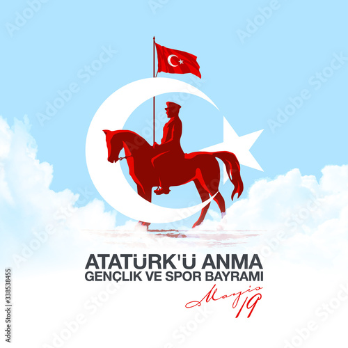 Turkish national holiday illustration banner 19 mayis Ataturk'u Anma, Genclik ve Spor Bayrami, tr: 19 may Commemoration Ataturk, Youth and Sports Day, White and red graphic design Turkish holiday card