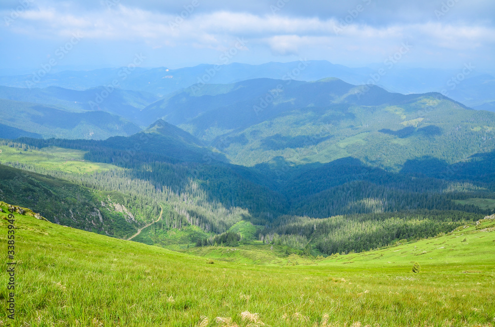 View to a chain of green mountains peaks on cloudy summer day. gorgeous landscape of Carpathian mountains Marmarosy ridge. Trekking in mountains.