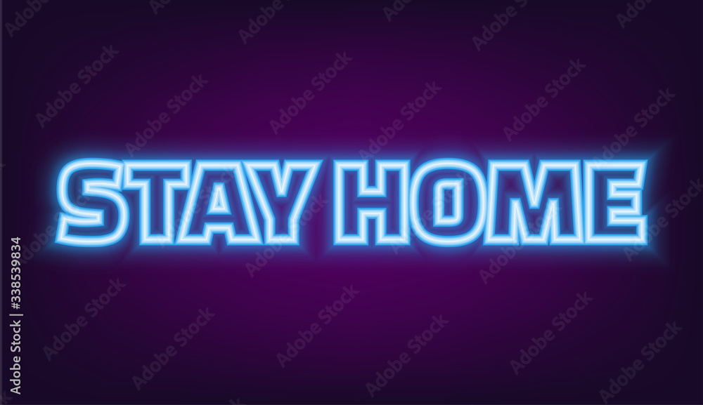 STAY HOME banner with the blue neon glowing words on purple gradient background. Self isolation due worldwide COVID-19 outbreak concept.