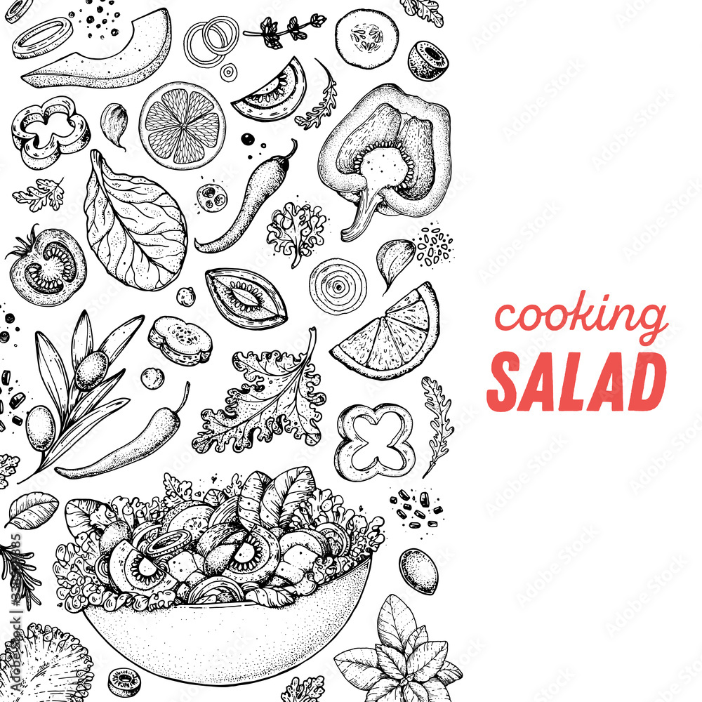 Healthy food illustration. Hand drawn sketch. Cooking salad. Vegan food. Vitamins and minerals for immunity. Engraved style. Black and white.