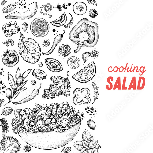 Healthy food illustration. Hand drawn sketch. Cooking salad. Vegan food. Vitamins and minerals for immunity. Engraved style. Black and white.
