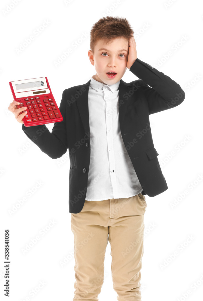 Surprised little boy with calculator on white background Surprised little boy with calculator on white background