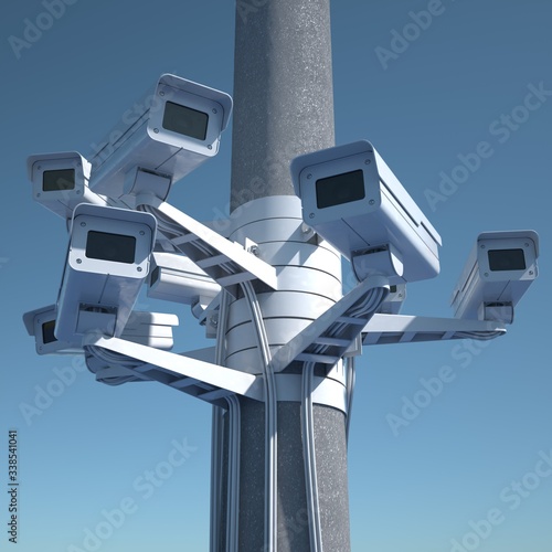 A lot of cctv cameras. Big brother concept. Face detection. No privacy.