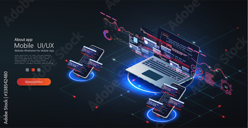 Software, web development, programming concept. Programming,  testing cross platform code, web banner. Abstract Programming language and program code on screen laptop. Computer code on laptop, phone.