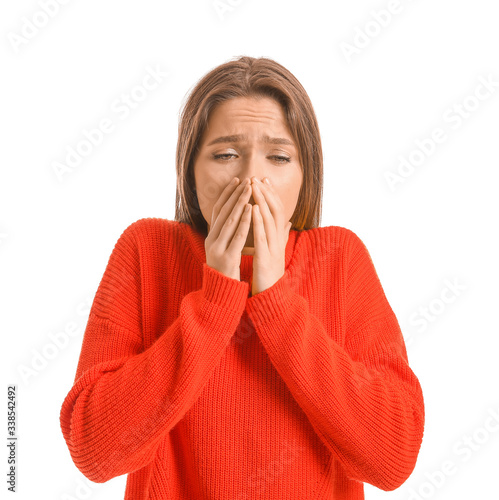 Ill young woman on white ba...