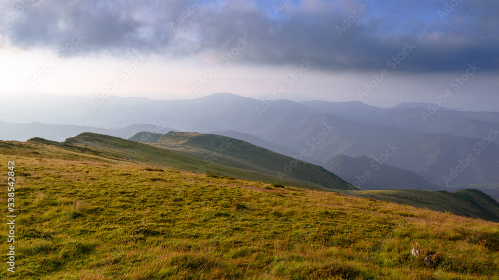 Fototapeta premium Wonderful springtime panoramic landscape in mountains at sunrise. Grassy slopes and forested hills illuminated with morning sunshine. Wild scenery. Farcau Peak. Maramures. Romania. Europe.