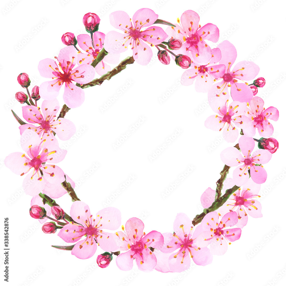 Watercolor pink cherry flowers wreath. Hand painted illustration of blooming branch for wedding invitation.