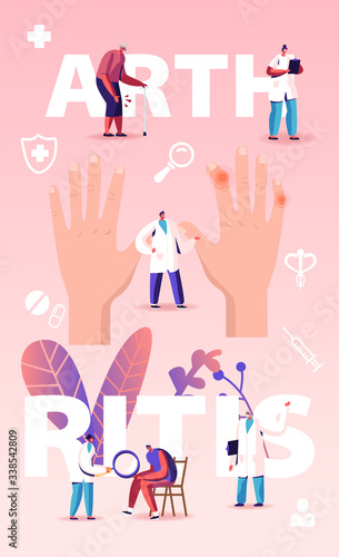Arthritis Sickness Concept. People with Diseased Joints Visiting Doctors Characters at Hospital or Rheumatology Clinic. Medicine, Health Care Expertise Poster Banner Flyer. Cartoon Vector Illustration