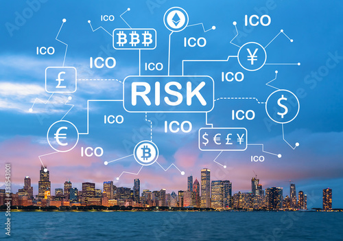 Cryptocurrency ICO risk theme with downtown Chicago cityscape skyline with Lake Michigan