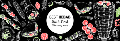 Doner kebab cooking and ingredients for kebab, sketch illustration. Arabic cuisine frame. Fast food menu design elements. Shawarma hand drawn frame. Middle eastern food.