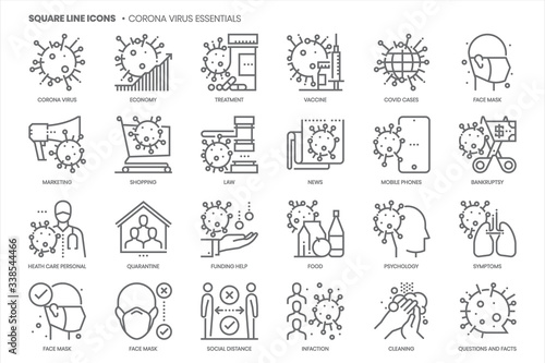Coronavirus related, square line vector icon set for applications and website development.