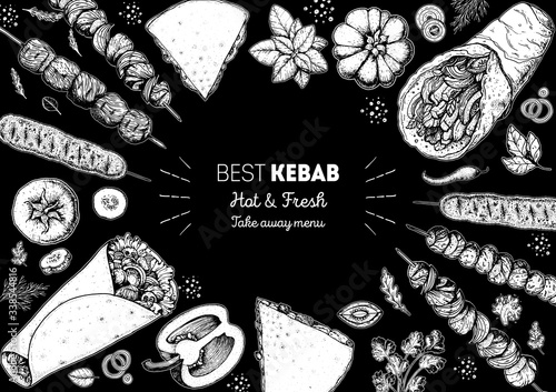 Doner kebab and ingredients for kebab, sketch illustration. Arabic cuisine frame. Fast food menu design elements. Shawarma hand drawn frame. Middle eastern food.