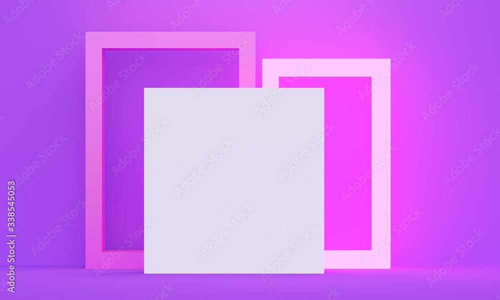 Pink frame, lamp and white paper on a lilac background. Minimalist backdrop design for product promotion. 3d rendering Pink frame, lamp and white paper on a lilac background. Minimalist backdrop design for product promotion. 3d rendering