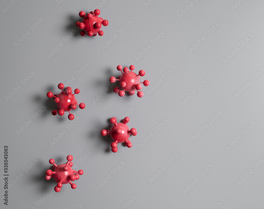Coronavirus outbreak in 2019,Flu COVID-19 virus cell on gray background,dangerous flu,top view Coronavirus outbreak in 2019,Flu COVID-19 virus cell on gray background,dangerous flu,top view