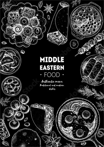 Middle eastern food top view frame. Food menu design with kebab, dolma, hummus, shakshouka and sweets. Vintage hand drawn sketch vector illustration.