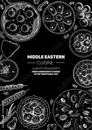 Middle eastern food top view frame. Food menu design with manakish, shakshouka, kebab, halva, hummus and sweet desserts. Vintage hand drawn sketch vector illustration.