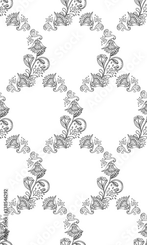 Stylish white floral kalamkari ornament pattern on black background. Vector surface design for fabric, apparel textile, book, interior, wallpaper