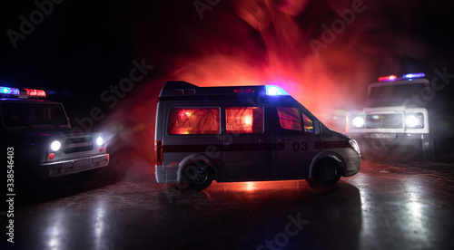 ambulance car on blured background. Ambulance auto paramedic emergency.