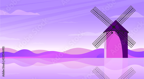 Beautiful natural landscape with a mill, river and mountains.Vector illustration.