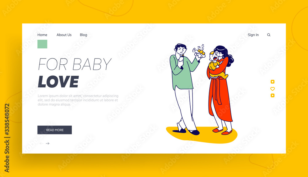 Maternity, Fatherhood, Parenting Landing Page Template. Parents Characters Lull Crying Newborn Baby Suffering of Cramps. Father, Mother and Child Love. Linear People .Linear Vector Illustration